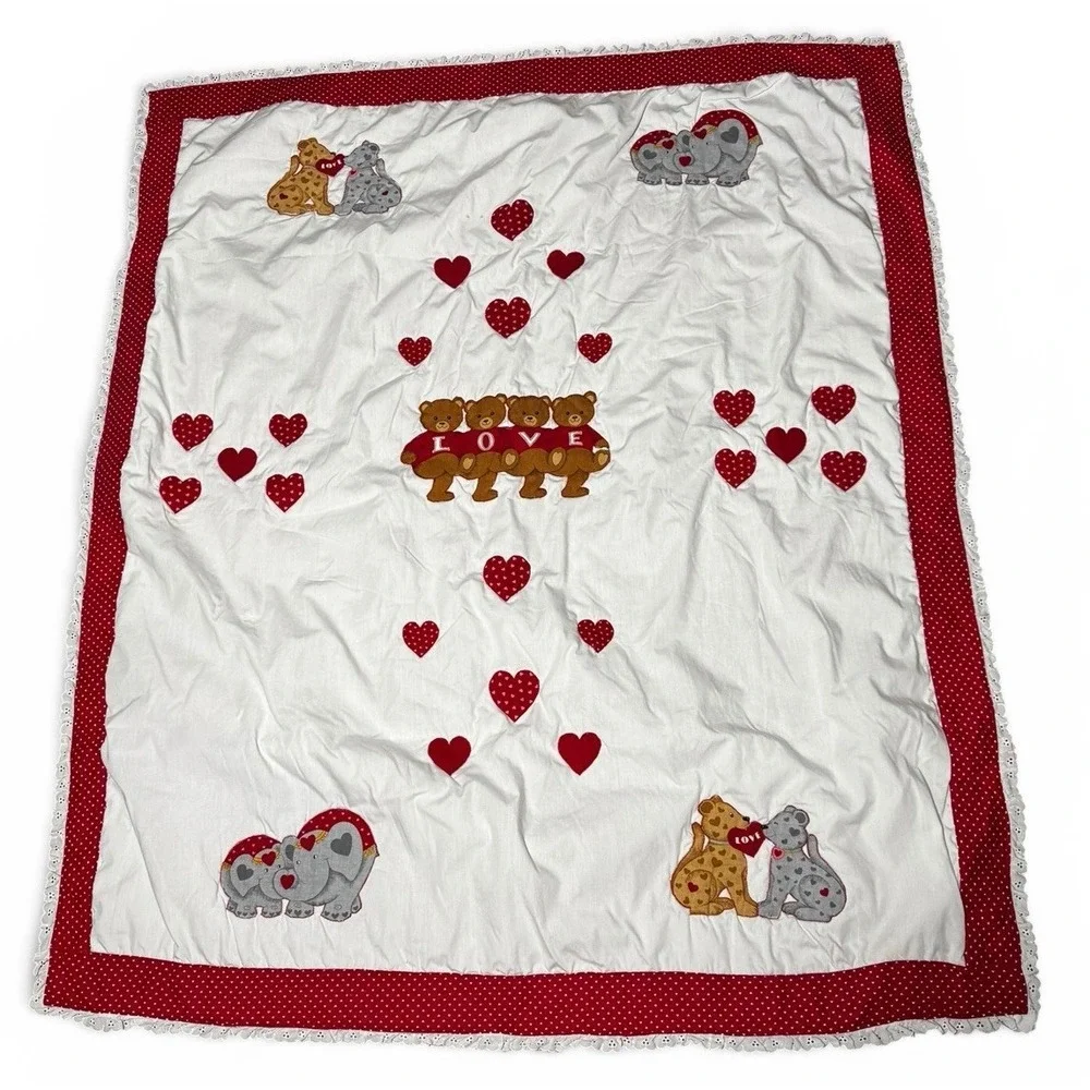 Vintage Handmade Valentine Baby Quilt Teddy Bears Elephants Hearts 48x42